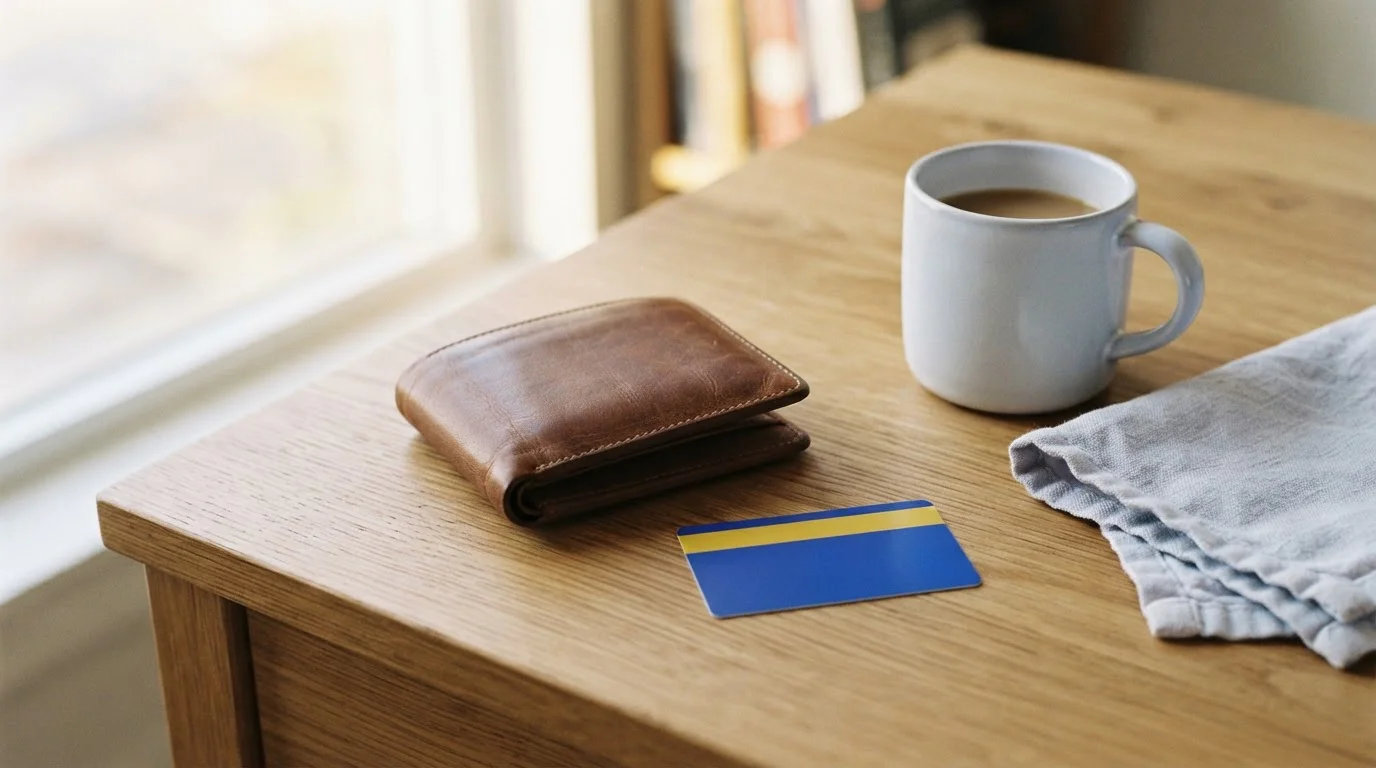Bankkarte neben einer Ledergeldbörse und Papieren auf einem Schreibtisch