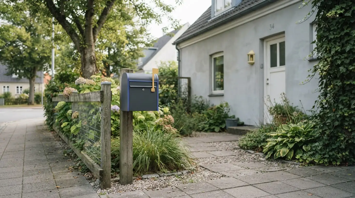Briefkasten an einem Hauseingang mit hochgestellter Fahne