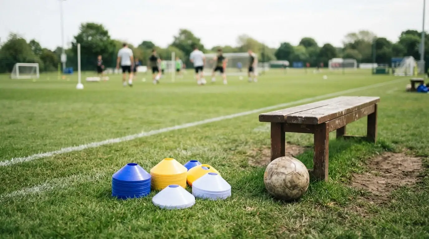 Trainingskegel und Sportgerät am Rand eines grünen Sportplatzes