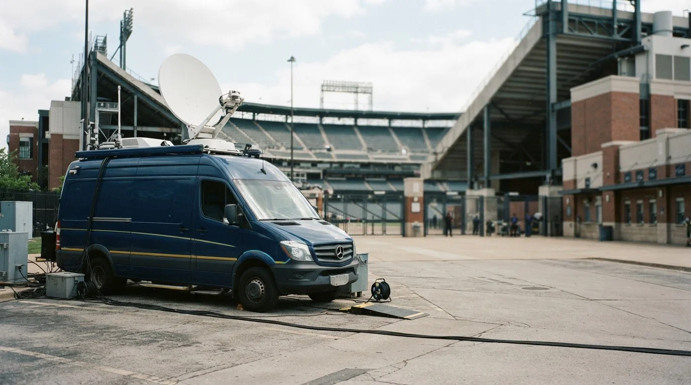 Übertragungswagen mit Satellitenschüssel neben einem Stadion