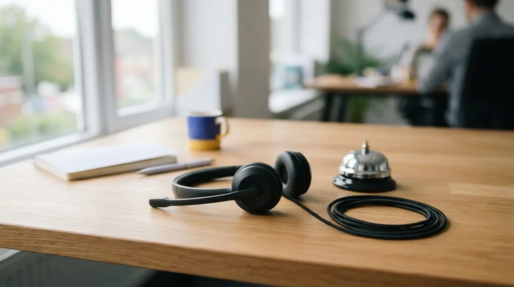 Telefon-Headset neben Notizblock auf einem aufgeräumten Tisch