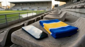Smartphone und gefalteter Fanschal auf einem Stadionsitz