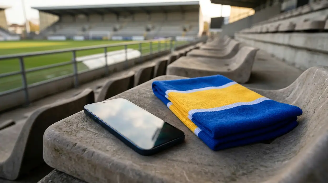 Smartphone und gefalteter Fanschal auf einem Stadionsitz
