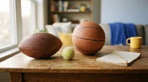 Fußball, Tennisball und Basketball auf einem hölzernen Sporttisch