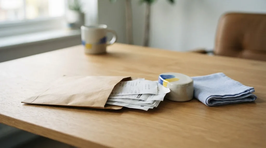 Papierumschlag und ordentlich gestapelte Quittungen auf einem Schreibtisch